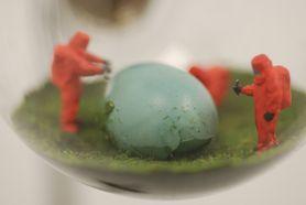 tiny men investigate a robin's egg