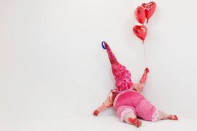 bloody pink clown with balloons