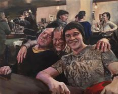painting of three friends smiling in a restaurant