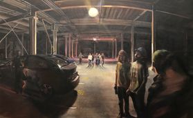 painting of a crowd in a parking garage at night