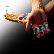 photo montage of hands holding oil drums and windmills
